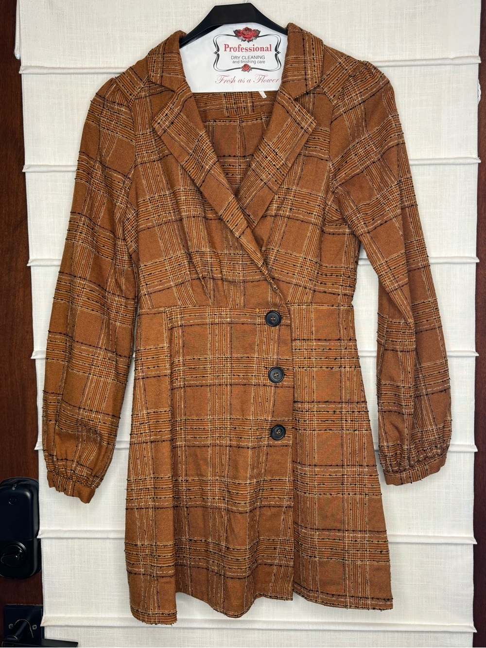 Free People Rust Brown Plaid Long-Sleeve Wrap Dress Retro Style
